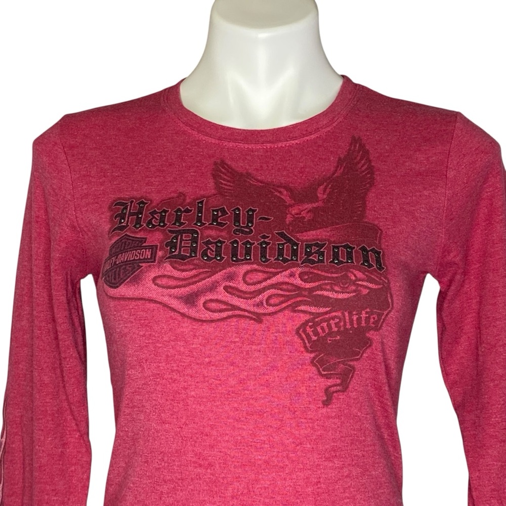 HARLEY DAVIDSON Graphic Tee Long Sleeve 2 Sided Crewneck Deadwood Red Medium